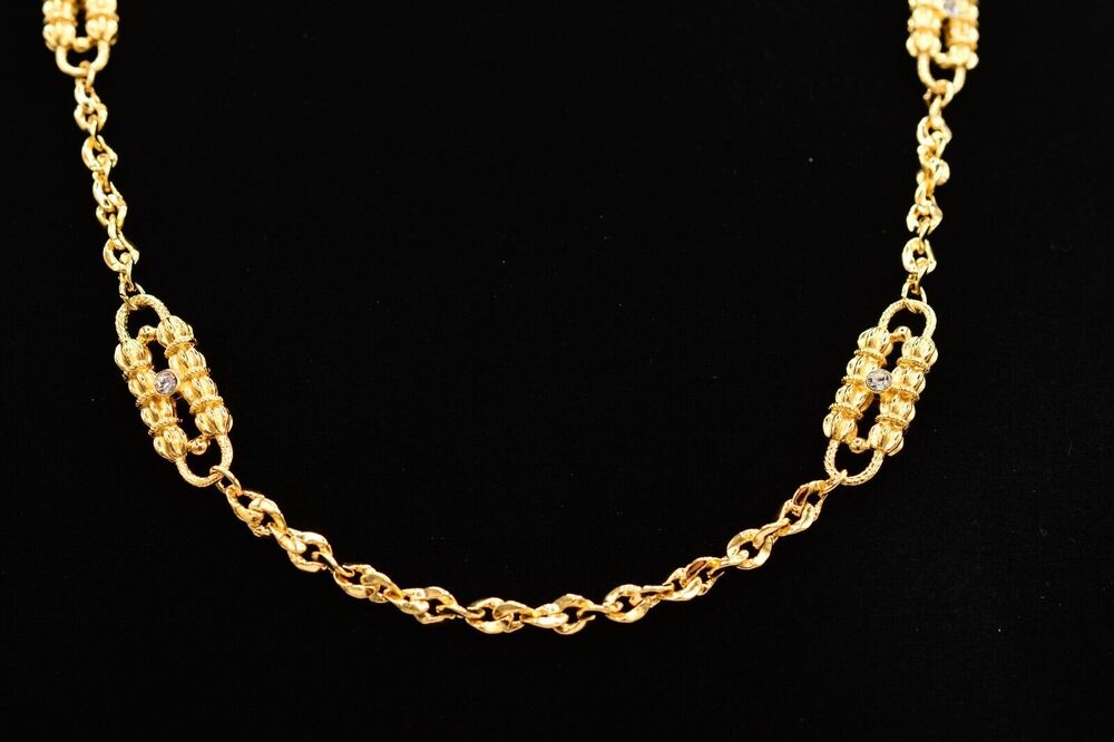 Vintage Station Chain Necklace Brushed Gold Rhinestone Crystal Linked 1980s 9J